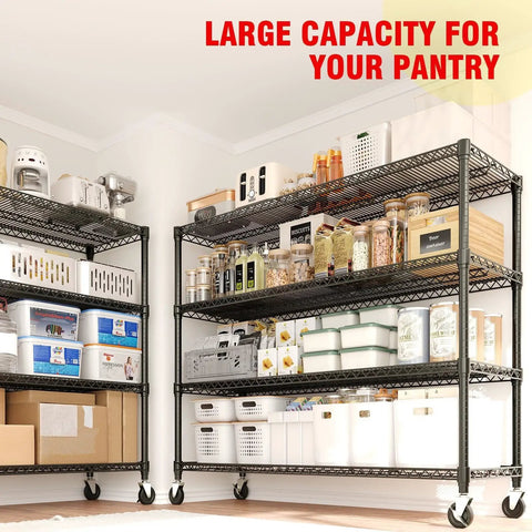 Heavy-Duty 4-Tier Adjustable Steel Storage Rack With Lockable Wheels, shelving filled with pantry items in a kitchen