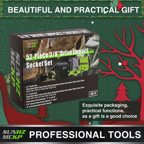 Box of Three Eighth Inch Drive Impact Socket Set With 52 Pieces SAE And Metric Deep And Shallow 6 Point Sockets Includes Ratchet Handle