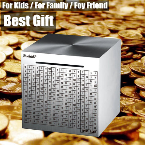 Stainless Steel Money Saving Box With Built In Counter Break To Open Piggy Bank For Adults And Kids on coins background