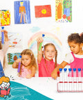 Children holding two sets clear plastic test tubes with rack and caps 6-hole holder for party decor science experiments