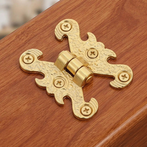 Retro Style Decorative Hinges Set 16 Zinc Alloy Cabinet Hardware with Floral Edge Design on wooden box lid.