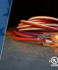 Heavy Duty Outdoor Indoor Extension Cord 100 Foot 12/3 SJTW with red white blue jacket and UL certification, close-up view.