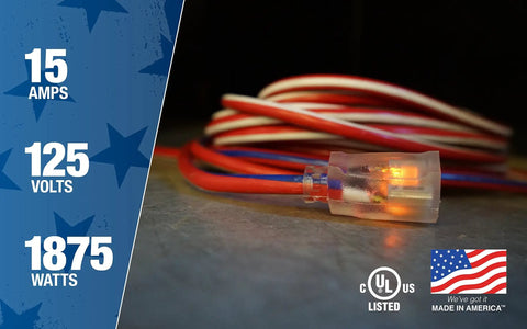 Heavy Duty Outdoor Indoor Extension Cord 100 Foot 12/3 SJTW with red white blue jacket and UL certification, close-up view.