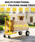 Heavy Duty 4 In 1 Convertible Hand Truck Dolly Cart with smooth swivel wheels, carrying a cardboard box, 1000 lb capacity.