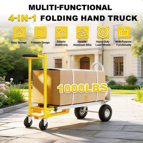 Heavy Duty 4 In 1 Convertible Hand Truck Dolly Cart with smooth swivel wheels, carrying a cardboard box, 1000 lb capacity.