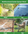 Cordless Battery Powered 33 Inch Garden Sprayer Wand used for plants, car, floor, and pet, showcasing its multifunctional use.