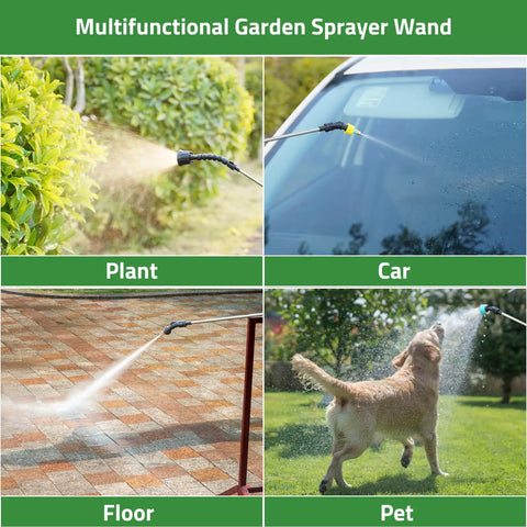 Cordless Battery Powered 33 Inch Garden Sprayer Wand used for plants, car, floor, and pet, showcasing its multifunctional use.