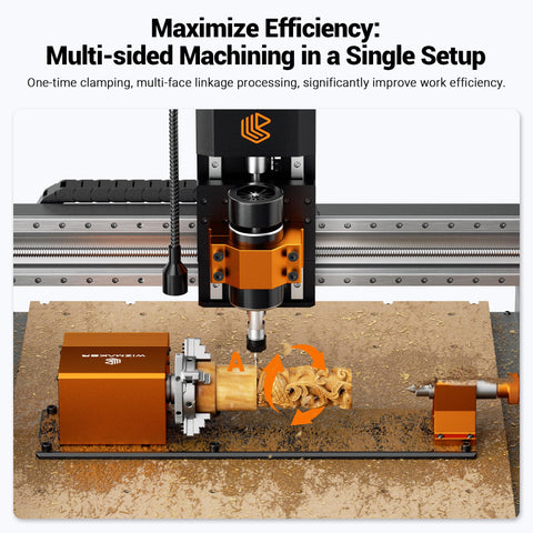 Tight Grip 4th Axis Rotary Table For CNC Router Engraver With 1:4 Belt Drive and Quick Swivel Chuck on wood, showcasing multi-sided machining.