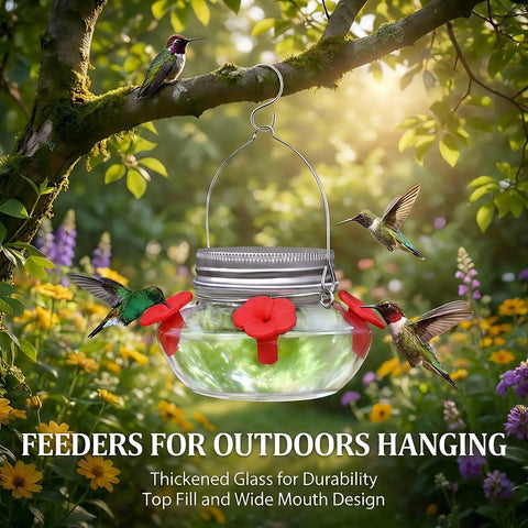 Hummingbird Feeder With Cute Mason Jar Design, Four Silicone Flower Ports, Top Fill, Leak-Proof, Hanging in Garden