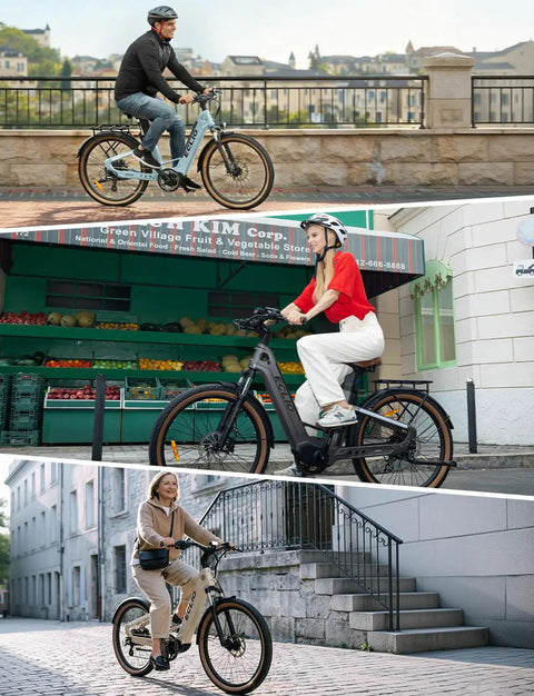 Beefy 1200W Peak Electric Bike for Adults with 120 Mile Range, 26 Inch Carbon Frame, shown in urban riding scenes
