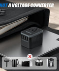 All In One Universal Travel Adapter With USB C And Four USB A Ports Worldwide Power Adapter For Over 200 Countries Not A Voltage Converter placed on a laptop
