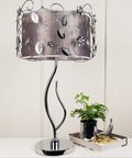 Silver Crystal Table Lamp With Floral Inspired Metal Shade 34 Inch Tall UL Listed On Off Switch Sleek Modern Contemporary Accent Light
