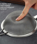 Close-up of 304 Stainless Steel Fine Mesh Strainer With Handle Skimmer highlighting burr-free mesh and convenient hanging ear.