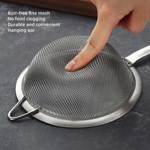 Close-up of 304 Stainless Steel Fine Mesh Strainer With Handle Skimmer highlighting burr-free mesh and convenient hanging ear.