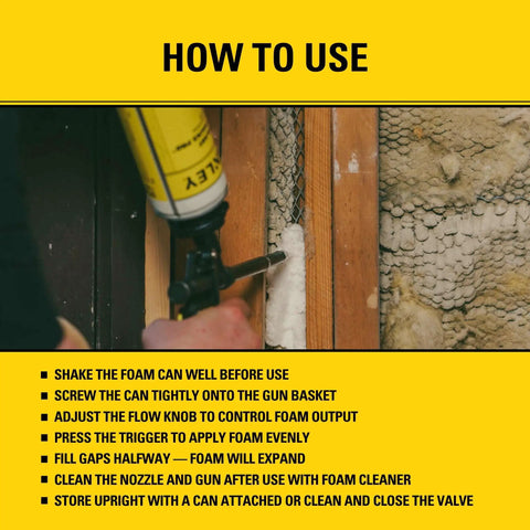 Pro FG2 Foam Gun For Insulation With Precision Bead Flow, applying foam, shown with usage instructions visible.