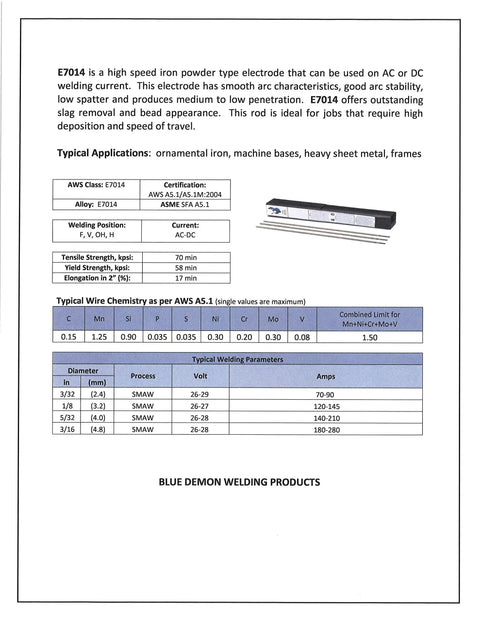 Specifications sheet of E7014 Iron Powder Carbon Steel Welding Electrodes 3/32 In X 14 In 50 Lb Carton, high deposition, fast welds.