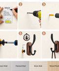 Step-by-step installation of 4 Pack Wall Mounted Coat Hooks Heavy Duty Double Design Hang Your Fits Smoothly Premium Walnut Wood Black Metal Frame.