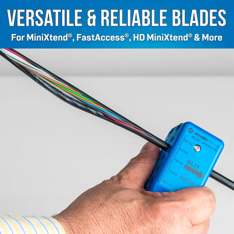 Hand using Replacement Blade Set For MS 326 Fiber Optic Mid Span Slit And Ring Tool on colorful fiber optic cables
