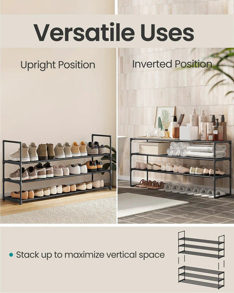 3 Tier Metal Shoe Rack Organizer for Entryway space saving stackable use upright or upside down fits 20 to 24 pairs black