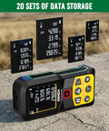 Pro Grade Laser Distance Meter With 197 Ft Range And LCD Backlit Display, One Sixteenth Inch Precision, DIY Friendly, Multi Unit Modes In Feet Inches Meters, 20 Data Storage, Pythagorean Distance Area And Volume. 20 sets data storage shown