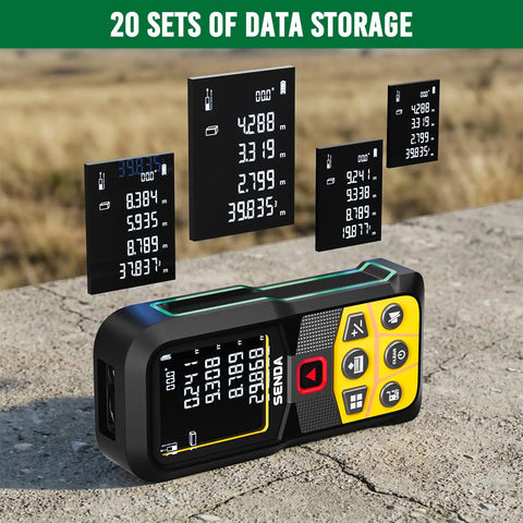 Pro Grade Laser Distance Meter With 197 Ft Range And LCD Backlit Display, One Sixteenth Inch Precision, DIY Friendly, Multi Unit Modes In Feet Inches Meters, 20 Data Storage, Pythagorean Distance Area And Volume. 20 sets data storage shown