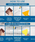 Diagram showing steps for using Drywall Repair Kit With Scraper And Spackle Paste For A Quick Patch Fix on walls.