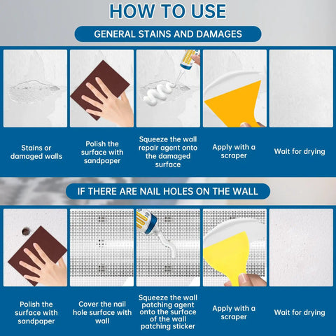 Diagram showing steps for using Drywall Repair Kit With Scraper And Spackle Paste For A Quick Patch Fix on walls.