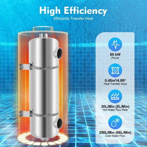 200K BTU Stainless Steel Pool Heat Exchanger, 304 Grade, with high efficiency and flow rates, visualized in a pool setting.