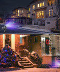 Outdoor Laser Christmas Lights Projector With RGB Moving Firefly Effects illuminating houses in festive colors at night