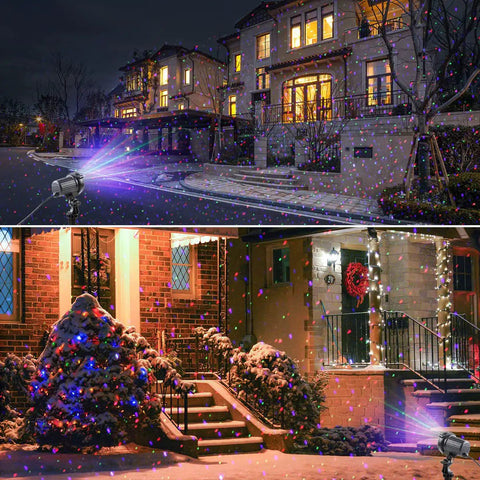 Outdoor Laser Christmas Lights Projector With RGB Moving Firefly Effects illuminating houses in festive colors at night