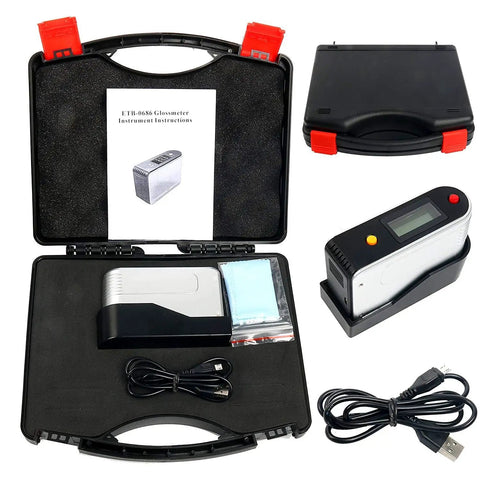 Self Calibrating Surface Gloss Meter With 0 To 200 GU Range Easy Two Button Operation displayed in black case with accessories
