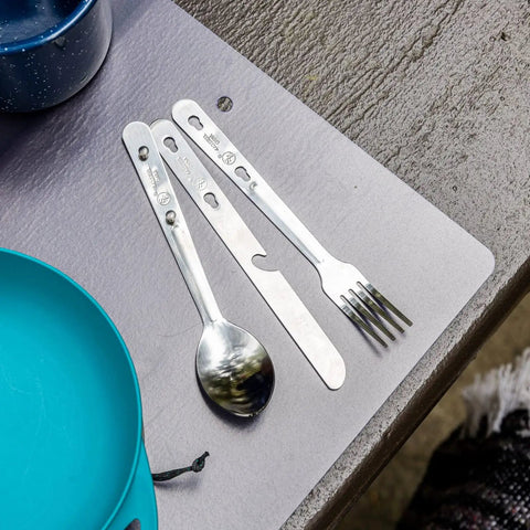2 Pack Minimalist Camp Kitchen Utensil Set With Clip Together Knife Fork Spoon Lightweight Army Style MRE Chow Gear