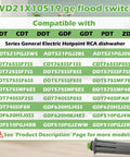 Compatibility chart for Dishwasher Flood Switch Assembly WD21X10519 Replacement For WD21X10492 WD21X20204 with multiple models listed.