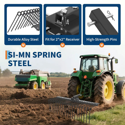 Heavy Duty Tow Behind Landscape Rake And Lawn Dethatcher with 21 steel tines, attached to tractor for soil preparation in field