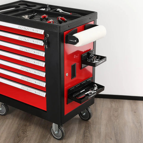 Magnetic Toolbox Organizer Set With 6 Inch And 12 Inch Trays, 2 Piece Paper Towel Holder, and tool accessories on a metal cart.