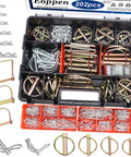 All In One 202Pcs Hitch Pins Set Assortment Kit with linch, PTO, square pins in a plastic organizer box for trailers, tractors, trucks.
