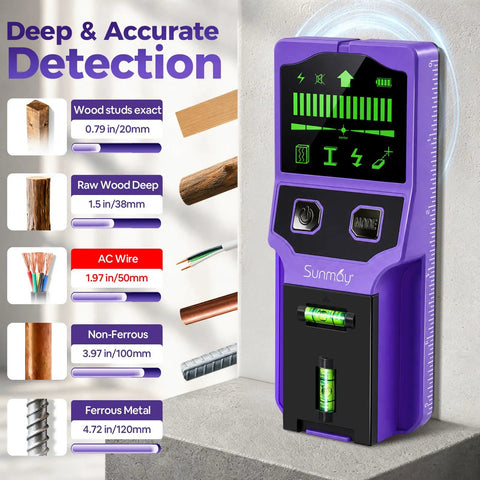 SUNMAY Professional Stud Finder with 7-in-1 Wall Scanner & Laser Level displaying detection features for wood and metal.