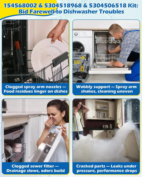 Dishwasher Lower Spray Arm Replacement Kit With Built In Support And Filter Easy Install Includes 5304518968 Support And 5304506518 Filter Universal Fit For Bottom Spray Arm Replacements Compatible With 5304517203 And 154568002 Series, showing causes of dishwasher issues like clogged nozzles and support problems.