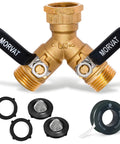 Heavy Duty Two Way Hose Splitter Brass Lead Free With Extra Long Butterfly Valves And On Off Easy Grip Handles Garden Hose Connector For Faucet And Spigot Includes Washers And Teflon Tape Dual Outlet Adapter brass splitter with washers and Teflon tape