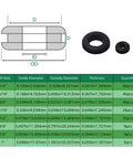 180 Piece Rubber Grommet Set for Wiring, diagram with measurements and quantities for each size, 8 size assortment chart
