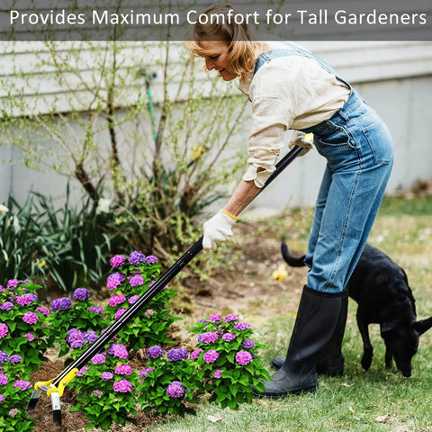 Gardener using Adjustable Long Handle Stirrup Hoe For Snag Free Weeding And Yard Work Cultivation near plants