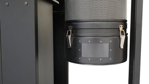 Close-up of 2 HP 220V HEPA Cyclone Premium Beast Dust Collector With Quiet Swing Away Doors LED Drum Full Indicator Acoustic Foam Insulated Cabinet