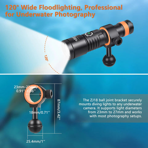 Lit Underwater Video Light 1200 Lumens 6500K With 120 Degree Wide Beam IP68 Waterproof To 150m Dual Modes ZJ18 Ball Joint