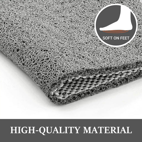 Super Chill Non Slip Shower Mat With Quick Dry Drain Holes And Sticky Traction Phthalate Free PVC Bathroom Must Have Quick Drying Loofah Texture Grey 24X16 Inches Plus Drain close-up of textured grey mat.