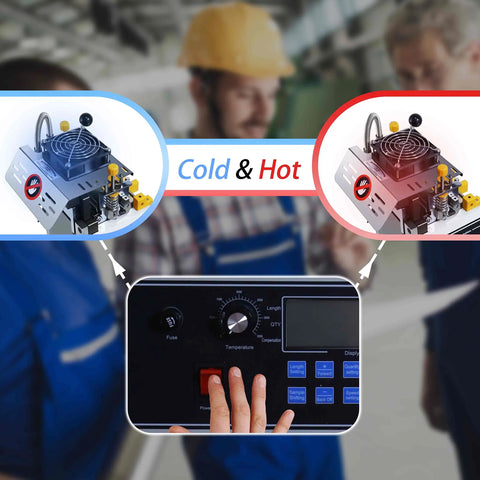 Hot And Cold Webbing Cutting Machine With 5 Inch LCD Display interface showing cold and hot modes with buttons
