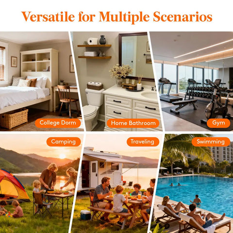 Multiple scenarios collage: college dorm, home bathroom, gym, camping, traveling, swimming pool beneath text 'Versatile for Multiple Scenarios'