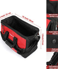 Open red and black tool bag, 16x9x12 inches, with durable polyester fabric, double zipper, and padded handle.
