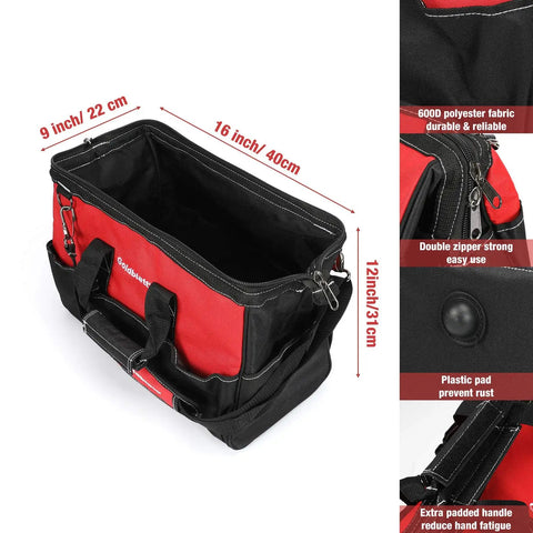 Open red and black tool bag, 16x9x12 inches, with durable polyester fabric, double zipper, and padded handle.