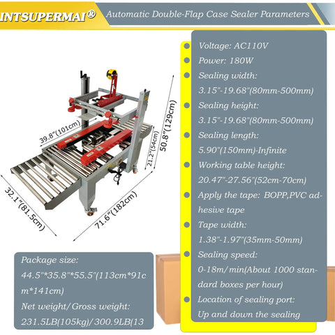 Crush Your Shipping Rush Like A Boss With This Smooth Auto Carton Sealer Machine For Quick Box Taping showing sealing parameters and dimensions.