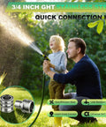 A father and child using a garden hose connected with a Stainless Steel Garden Hose Quick Connect Fittings Set No Fuss Three Quarter Inch GHT Quick Connectors For Hoses And Sprayers Water Hose Quick Release Connectors Rust Resistant Five Piece.